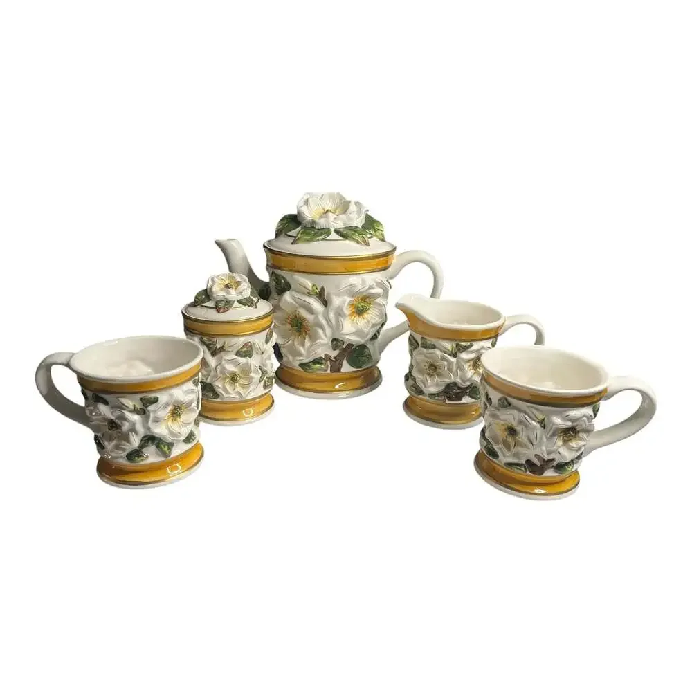 Ceramic Magnolia Tea Set Teapot Sugar Creamer and Cups 5-Piece